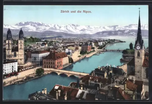 AK Zürich, Panorama mit den Alpen