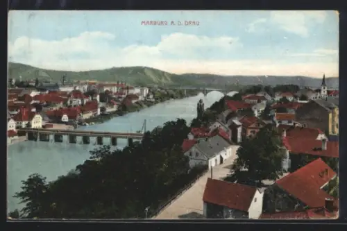 AK Marburg a. d. Drau, Blick über die Drau mit Stadt und Brücken