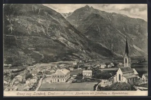 AK Landeck, Tirol, Pfarrkirche mit Schulhaus u. Gemeindehaus