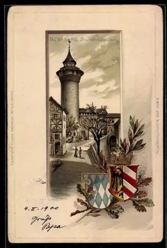 Passepartout-Lithographie Nürnberg, Brunnenhäuschen, zwei Wappen und Eichenlaub