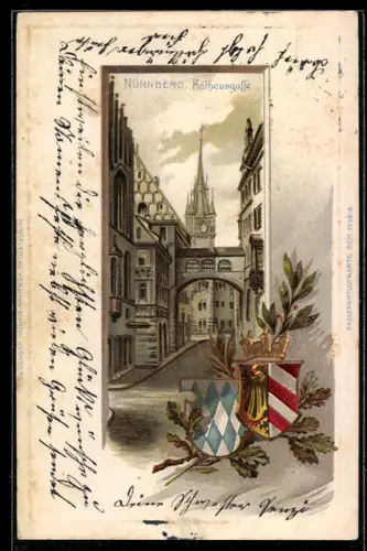 Passepartout-Lithographie Nürnberg, Rathausgasse mit Tor, Wappen