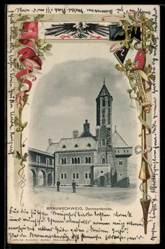 Passepartout-Lithographie Braunschweig, Dankwarderode im Passepartout mit Wappen