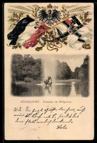 Passepartout-Lithographie Düsseldorf, Fontaine im Hofgarten, Wappen