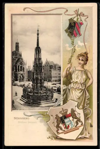 Passepartout-Lithographie Nürnberg, Ansicht Schöner Brunnen, Maid mit Wappen