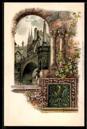 Passepartout-Lithographie Nürnberg, Karlsbrücke durch einen Torbogen betrachtet, Adlerrelief auf Stein