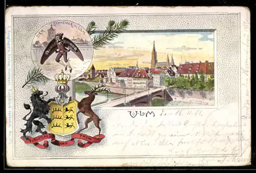 Passepartout-Lithographie Ulm / Donau, Teilansicht, Schneider von Ulm mit Flugapparat, Wappen Württembergs