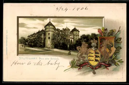 Passepartout-Lithographie Stuttgart, Altes Schloss, Landeswappen, Um 1900