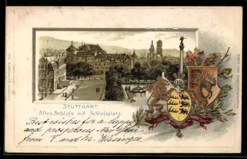 Passepartout-Lithographie Stuttgart, Altes Schloss mit Schlossplatz
