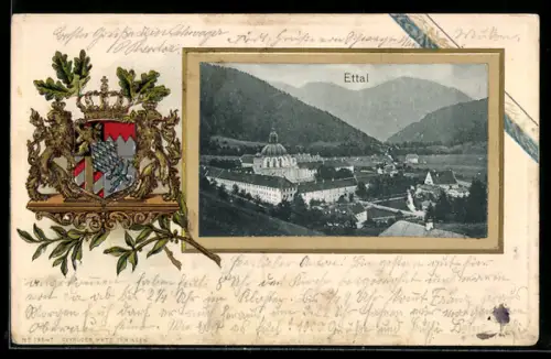 Passepartout-Lithographie Ettal, Blick über den Ort, Wappen mit Eichenlaub