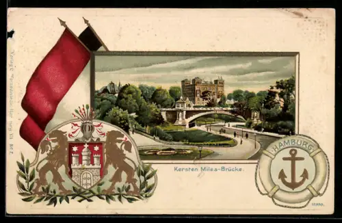 Passepartout-Lithographie Hamburg-St.Pauli, Kersten Miles-Brücke, Fahnen, Wappen, Rettungsring mit Anker