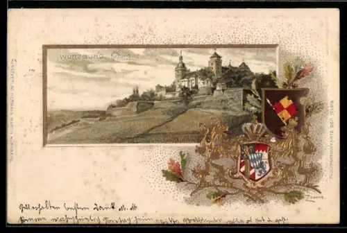 Passepartout-Lithographie Würzburg, Festung, Wappen