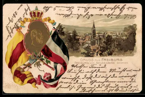 AK Freiburg / Breisgau, Portrait Grossherzog Friedrich von Baden, Ortsansicht vom Schlosstor aus