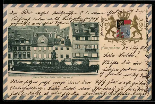 Passepartout-Lithographie Nürnberg, Hans Sachsplatz mit Denkmal, Wappen