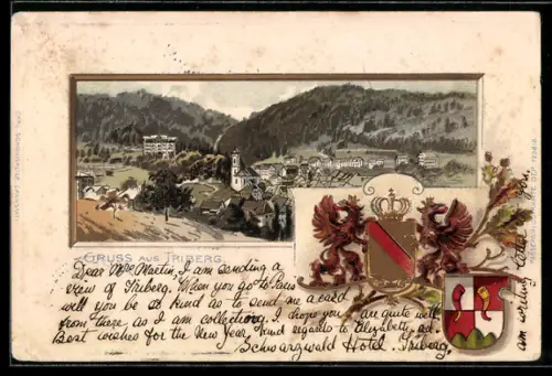 Passepartout-Lithographie Triberg, Ortsansicht mit Wappen