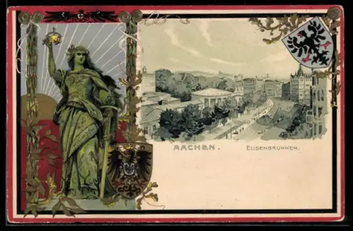 Passepartout-Lithographie Aachen, Elisenbrunnen und Wappen