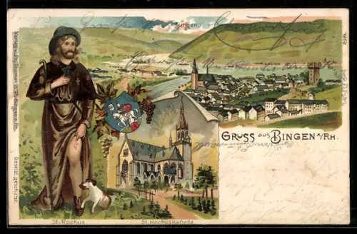 Passepartout-Lithographie Bingen a. Rh., St. Rochuskapelle. St. Rochus mit Hund, Wappen