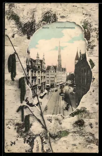 AK Berlin, Gertraudten-Strasse, Strassenbahnen, Ansicht auf Birkenrinde