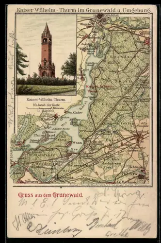 Lithographie Berlin-Grunewald, Kaiser Wilhelm-Thurm, Landkarte vom Grunewald