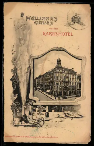 AK Berlin, Kaiser-Hotel, Friedrichstr. 178, Frau über einer Sektflasche im Passepartout