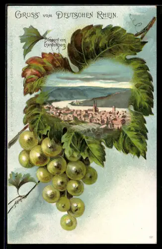 Passepartout-Lithographie Boppard, Ortsansicht vom Eisenbolzberg in einer Traubenrebe