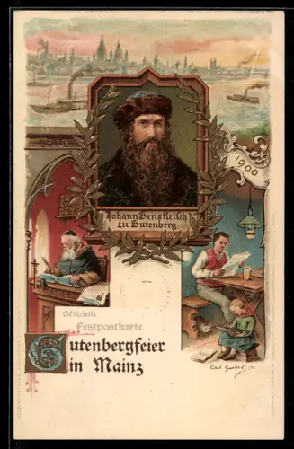 AK Mainz, 500. Gutenbergfeier, 1400-1900, Johann Gensfleisch zu Gutenberg
