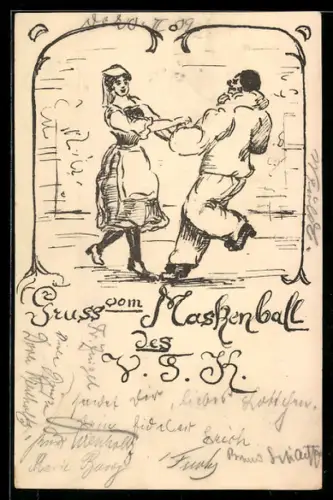 AK Berlin-Steglitz, Kaskenball des V.T.K., Clown tanzt mit einer hübschen Frau