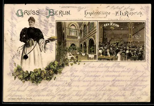 Lithographie Berlin, Restaurant Hopfenblüthe Unter den Linden 27, Inh. A. H. Rieprich