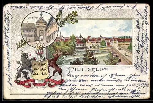 Passepartout-Lithographie Bietigheim-Bissingen /Ludwigsburg, Partie am Unterthor und Teilansicht des Ortes