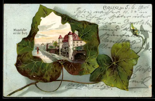 Passepartout-Lithographie Coblenz, Moselufer mit Burg in einem Weinblatt-Rahmen