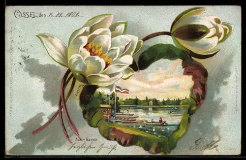 Passepartout-Lithographie Kassel, Auschnitt vom Bootshaus mit Ruderbooten, Seerosen