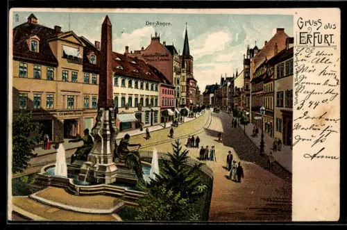 Lithographie Erfurt, Der Anger mit Brunnen