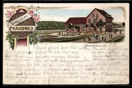 Lithographie Niedermörlen, Gasthof Frauenwald in der Aussenansicht
