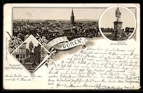 Lithographie Düren, Totalansicht, Denkmal Kaiser Wilhelm I., Denkmal Fürst Bismarck
