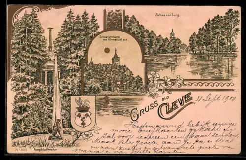 Lithographie Cleve, Schwanenturm von Kirmesdal aus, Amphietheater, Schwanenburg