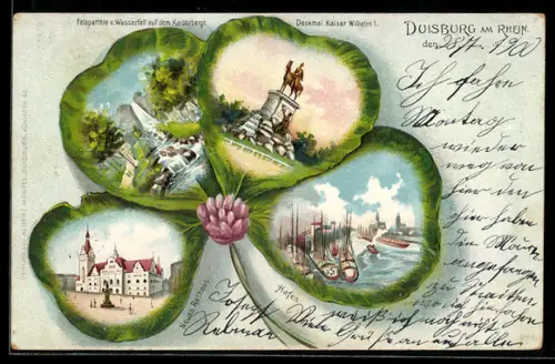 Passepartout-Lithographie Duisburg, Denkmal Kaiser Wilhelm I., Felspartie u. Wasserfall a. d. Kaserberge, Kleeblatt