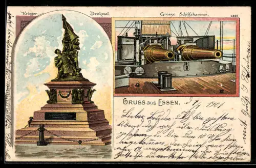 Lithographie Essen / Ruhr, Krieger-Denkmal, Grosse Schiffskanonen