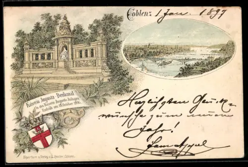 Lithographie Coblenz, Partie am Kaiserin Augusta-Denkmal und Totalansicht mit Brücke