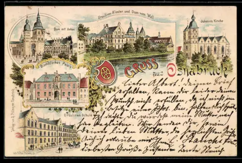 Lithographie Osnabrück, Johannis Kirche, Ursulinen-Kloster und Dom vom Wall