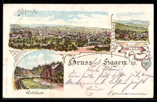 Lithographie Hagen i. W., Totalansicht und Gasthof Waldlust