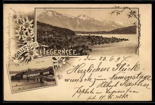 Lithographie Tegernsee, Totalansicht mit Gebirgspanorama und Schloss