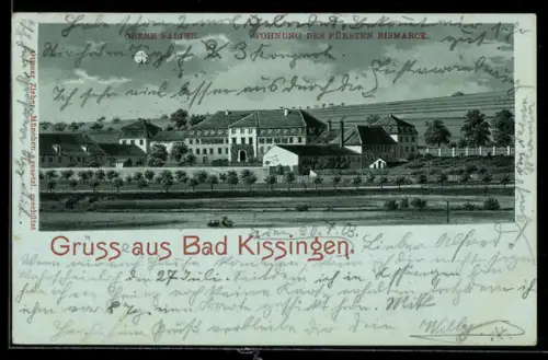 Mondschein-Lithographie Bad Kissingen, Wohnung des Fürsten Bismarck mit Umgebung
