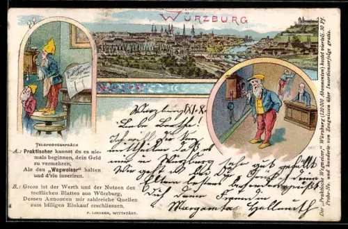 Lithographie Würzburg, Totalansicht, alter Mann und Zwerge am Telefon
