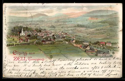 Lithographie Zell am Harmersbach, Totalansicht über Häuser, Kirche, Felder und Berge aus der Vogelschau