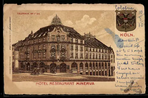 Lithographie Köln, Partie am Hotel Restaurant Minerva, Wappen