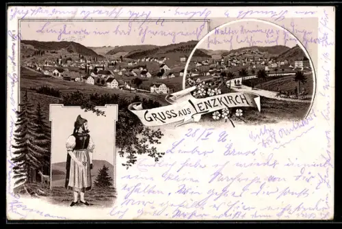 Lithographie Lenzkirch, Totalansicht und Frau in Tracht