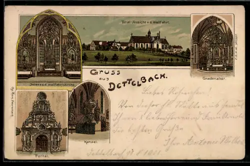 Lithographie Dettelbach, Wallfahrtskirche, Gnadenaltar, Kanzel, Portal