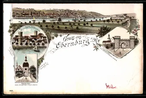 Lithographie Obernburg a. M., Totalansicht, Runder Turm und Oberes Tor