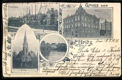 AK Britz bei Berlin, Amtshaus, Krankenhaus, Kirche und Blick aufs Schloss