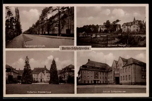 AK Berlin-Schlachtensee, Gärtnerei George, Partie in der Hoensbroeck-Strasse und Hubertus-Krankenhaus