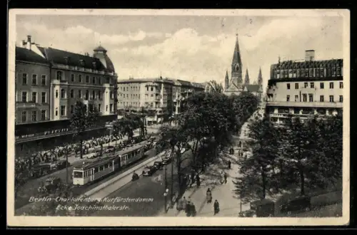 AK Berlin-Charlottenburg, Strassenansicht Kurfürstendamm Ecke Joachimsthalerstrasse mit Strassenbahn